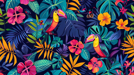 Seamless pattern background influenced by the organic forms and vibrant colors of tropical rainforests with colourful birds and flowers - obrazy, fototapety, plakaty