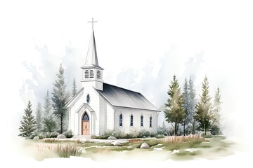 Watercolor illustration of a church in the forest. Hand-drawn illustration.