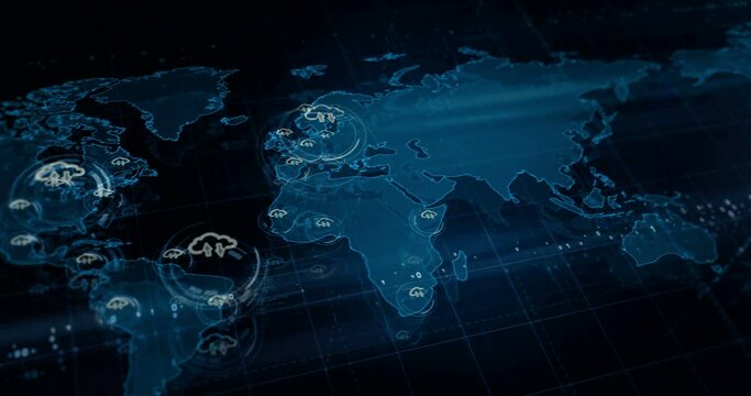Cloud computing server mobile access storage symbols over world map. Seamless looped technology concept.