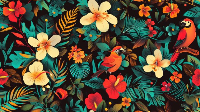 Seamless pattern background influenced by the organic forms and vibrant colors of tropical rainforests with colourful birds and flowers