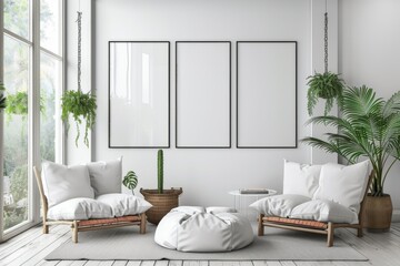 Horizontal frame mock-up in modern symmetric interior, digital illustration. Beautiful simple AI generated image in 4K, unique.