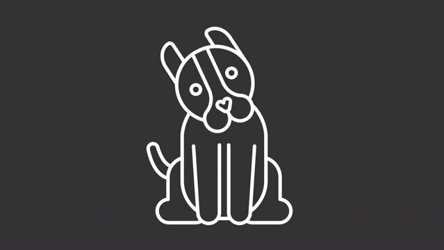 Animated dog white icon. Domestic animal. Pet moving tail and head line animation. Animal character. Cute puppy. Isolated illustration on dark background. Transition alpha video. Motion graphic