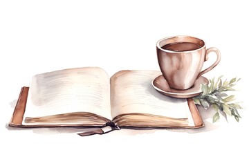 Watercolor illustration of an open book with a cup of coffee.
