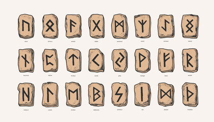Large set of runic stones. Ancient Scandinavian alphabet carved on stones. Ancient mystical and sacred symbols of the Germanic peoples. Vector isolated illustration.