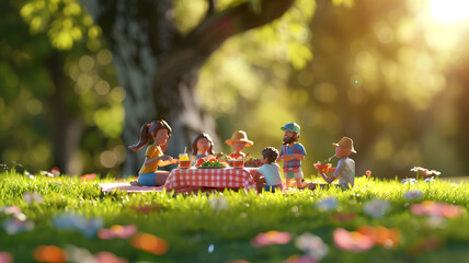 Playful 3D model of a picnic scene with a group of international friends enjoying a meal together in a park setting, perfect for International Friendship Day, with copyspace - Powered by Adobe