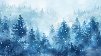 Soft watercolor blanket of blue snowflakes covering a sleepy forest, peaceful with copyspace - obrazy, fototapety, plakaty