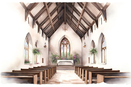 Watercolor illustration of the interior of a church with wooden walls and arches.