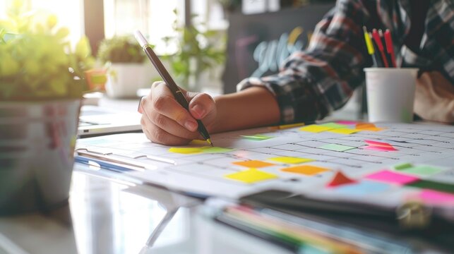 Business Woman Taking Note on Calendar Desk at Office Table. Agenda Plan to Organize the Event. Generative AI.