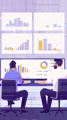 Business team analyzing financial data and investment reports on computer screens, monitoring performance metrics and KPIs for strategic marketing planning and business growth.