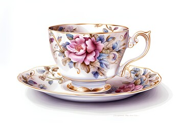 Fototapeta premium Cup and saucer with floral ornament. Watercolor illustration.