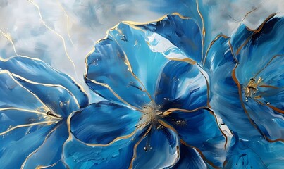 Abstract oil painting Blue petals, flowers with golden lines, using a palette knife - obrazy, fototapety, plakaty