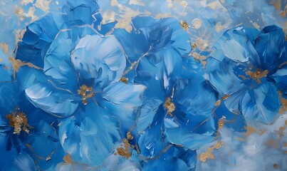 Abstract oil painting Blue petals, flowers with golden lines, using a palette knife - obrazy, fototapety, plakaty