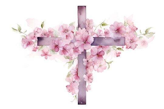 Watercolor Christian cross with flowers. Hand painted illustration isolated on white background.