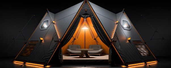 Sleek modern camping tent set against a gray backdrop, showcasing its contemporary design