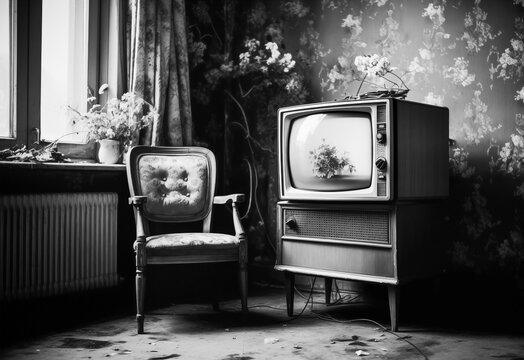 nostalgia retro analog television in living room, analogue photography retro vintage style