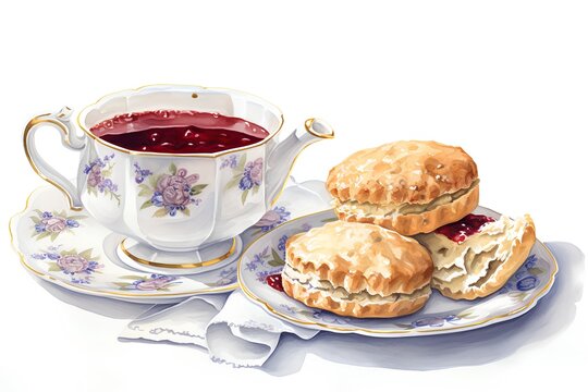 Tea with scones and jam. Hand drawn watercolor illustration.