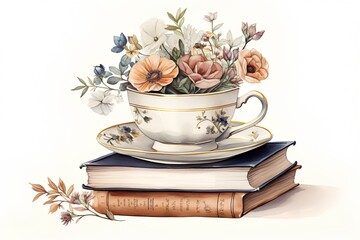 Hand drawn watercolor illustration of a cup with anemones and books.