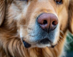 Close-up of a dog's nose with the background blurred, showing the details of the dog's face.
