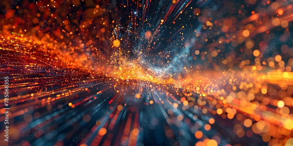 Poster dynamic digital explosion simulating the rapid expansion and chaotic flow of data in a futuristic te
