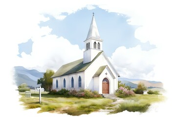 Fototapeta na wymiar Watercolor illustration of a small church in the countryside of South Africa