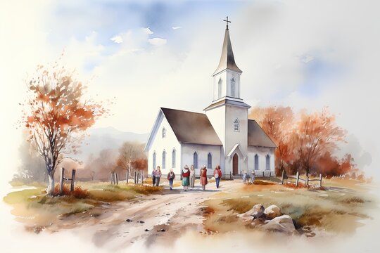 Church in the mountains. Watercolor painting. Digital art painting.