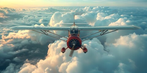 Vintage Propeller Plane Cruising Above Fluffy White Clouds Evoking the Romance and Nostalgia of...