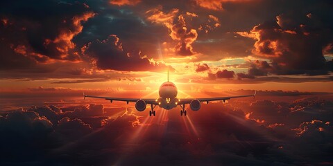 Airplane landing against a breathtaking sunset backdrop marking the end of a journey and the promise of new adventures