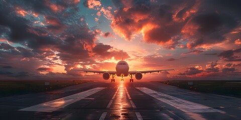 Dramatic Sunset Over Runway as Airplane Lands Marking the End of a Journey and the Promise of New...