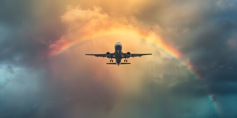 Lone Airplane Soaring Towards Radiant Rainbow in Enchanting Sky Landscape