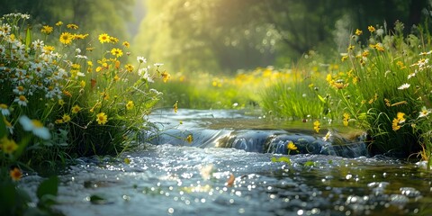 Fototapeta premium Meandering Stream Flowing Through Vibrant Spring Meadow with Blooming Wildflowers and Sparkling Sunlit Waters
