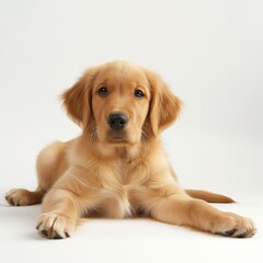 Cute golden retriever puppy with a contemplative gaze, lying on a white background.