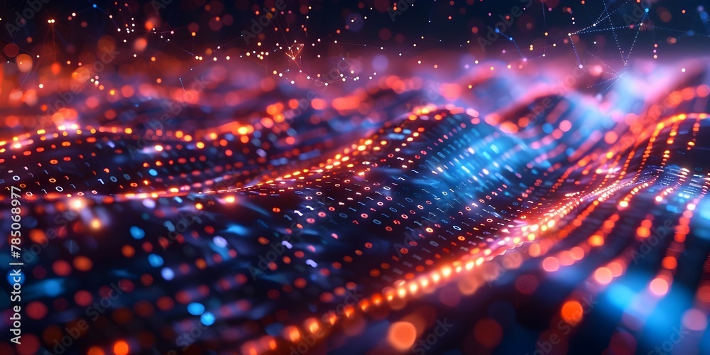 Poster dazzling digital wave of flowing binary data and information transfer