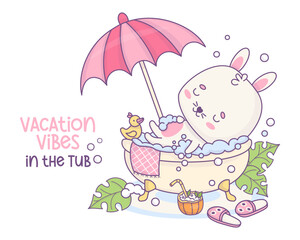 Cute relaxed cartoon bunny soaking in bubble bath with drink and rubber duck, under sun umbrella. Whimsical sunny vacation atmosphere at home in bathroom with animal character. Vector illustration