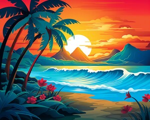 Fototapeta na wymiar Use vibrant colors to depict a tropical seascape,cute, elegant, fantasy, sharpen, graphic design, illustration