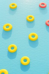 Yellow rubber rings scattered across lake, sunny day, playful vibe, aerial view, vibrant colors,cute, animation, technicolor, illustration