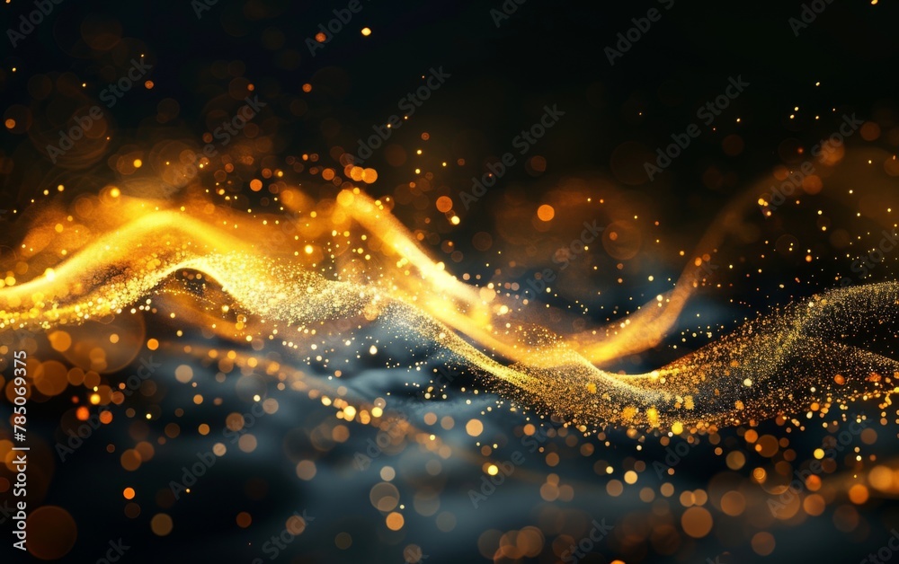 Wall mural bright golden wave particles in the dark background