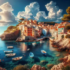 Meubelstickers Croatia, typical village, Mediterranean Sea and boat © M.studio