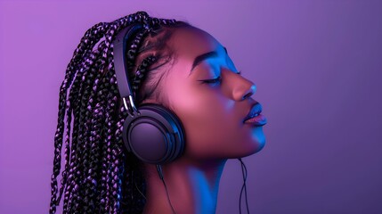 Young woman with trendy braids and purple background, listening to music with headphones