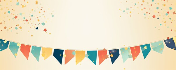 Foreground with beige background and colorful flags garland on top, confetti all around, sun shining in the background, party banner 