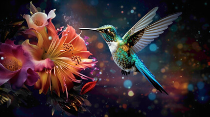 Spectacular hummingbird suspended in mid-air, its iridescent plumage catching the sunlight as it hovers near a cluster of exotic flowers. - obrazy, fototapety, plakaty