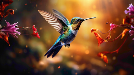Spectacular hummingbird suspended in mid-air, its iridescent plumage catching the sunlight as it hovers near a cluster of exotic flowers. - obrazy, fototapety, plakaty