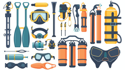 Diving equipment icons set mask and snorkel oxygen tan - obrazy, fototapety, plakaty