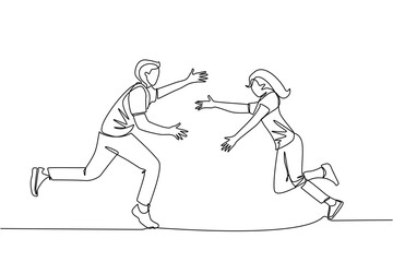 one line drawing, a young man and a young woman run face to face while preparing to hug
