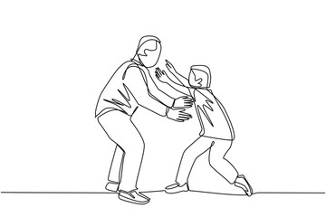 one line drawing, A young man and a boy run face to face while preparing to hug
