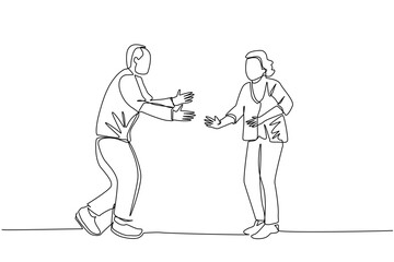 one line drawing, An elderly man and an elderly woman walk face to face while preparing to hug