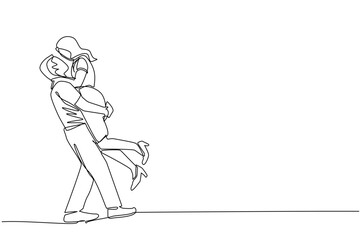 Fototapeta na wymiar one line drawing, A young woman jumps and hugs a young man