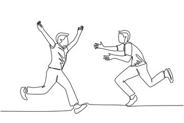 Fototapeta na wymiar one line drawing, Two young men running face to face while preparing to hug