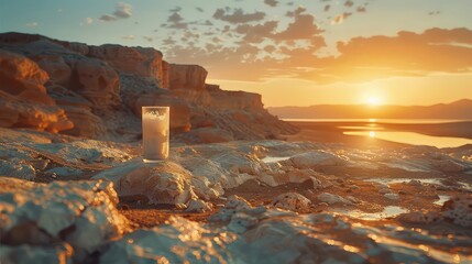 Lemonade juice with a lemon on rocks of sandy beach, Citrus fruit with paper tube on sunset background, - obrazy, fototapety, plakaty