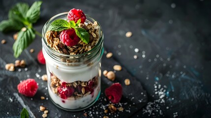 Yogurt granola parfait with sliced nuts and fresh raspberry in a glass jar on dark background  - Powered by Adobe