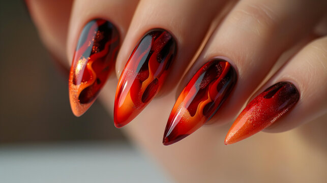 Close-up nail art with fiery passion, red and orange hues, flame designs. Glamour woman hand with nail polish on her fingernails. Nail art and design.